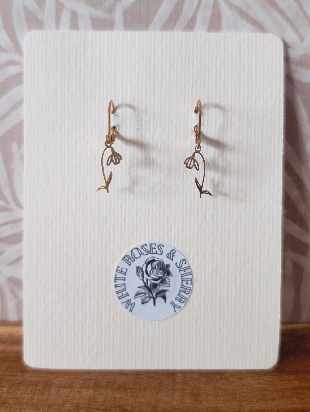 White Roses & Sherry Dainty Gold Flower Drop Earrings - Nickel Free